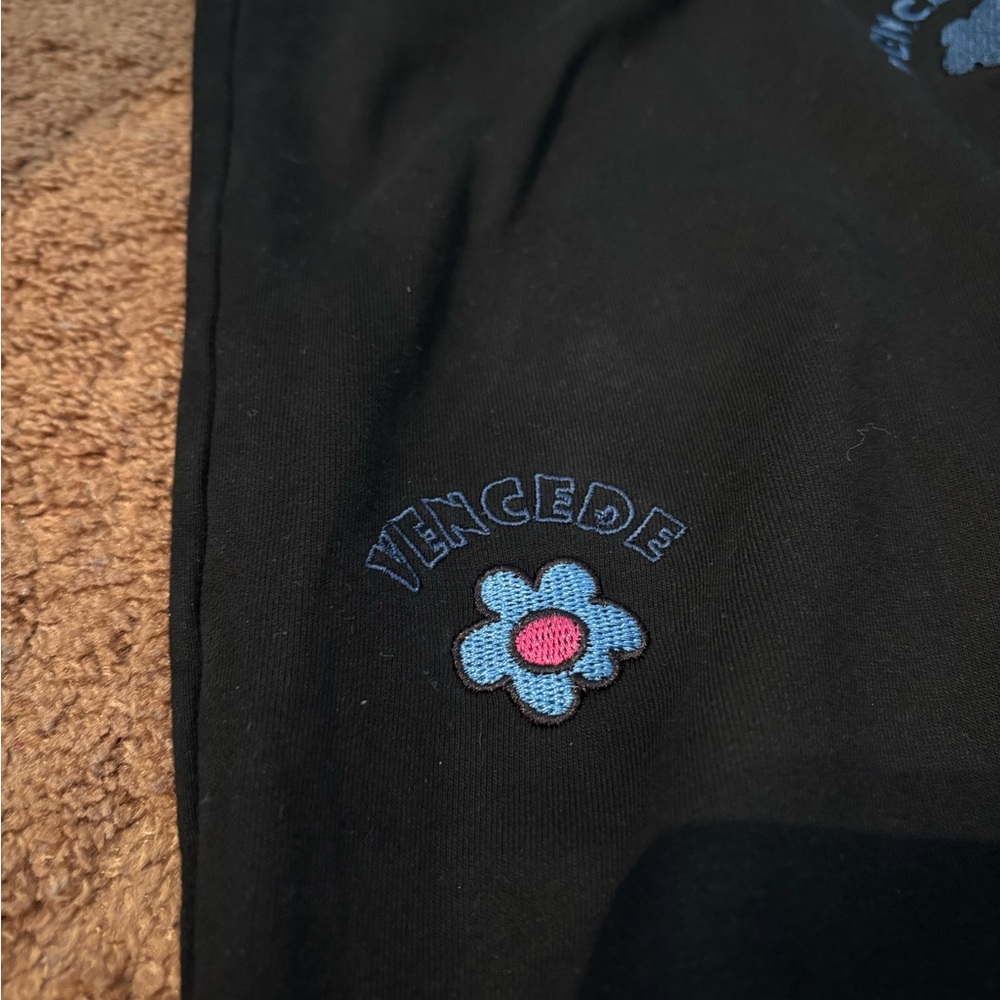 Mens Black Joggers with Embroidered Blue Accents and Flowers comfortable casual - Picture 2 of 5